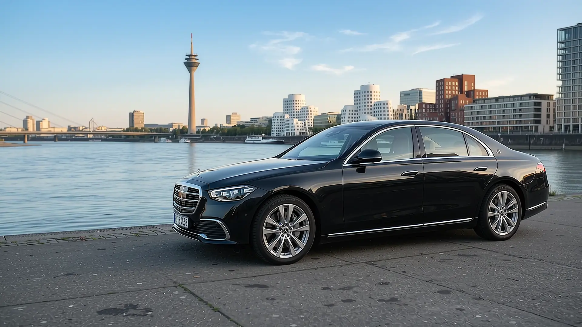 Schwarze Luxuslimousine am Düsseldorfer Rheinufer