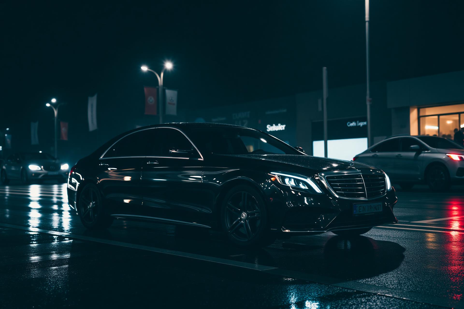 Schwarze Oberklasse-Limousine bei Nacht